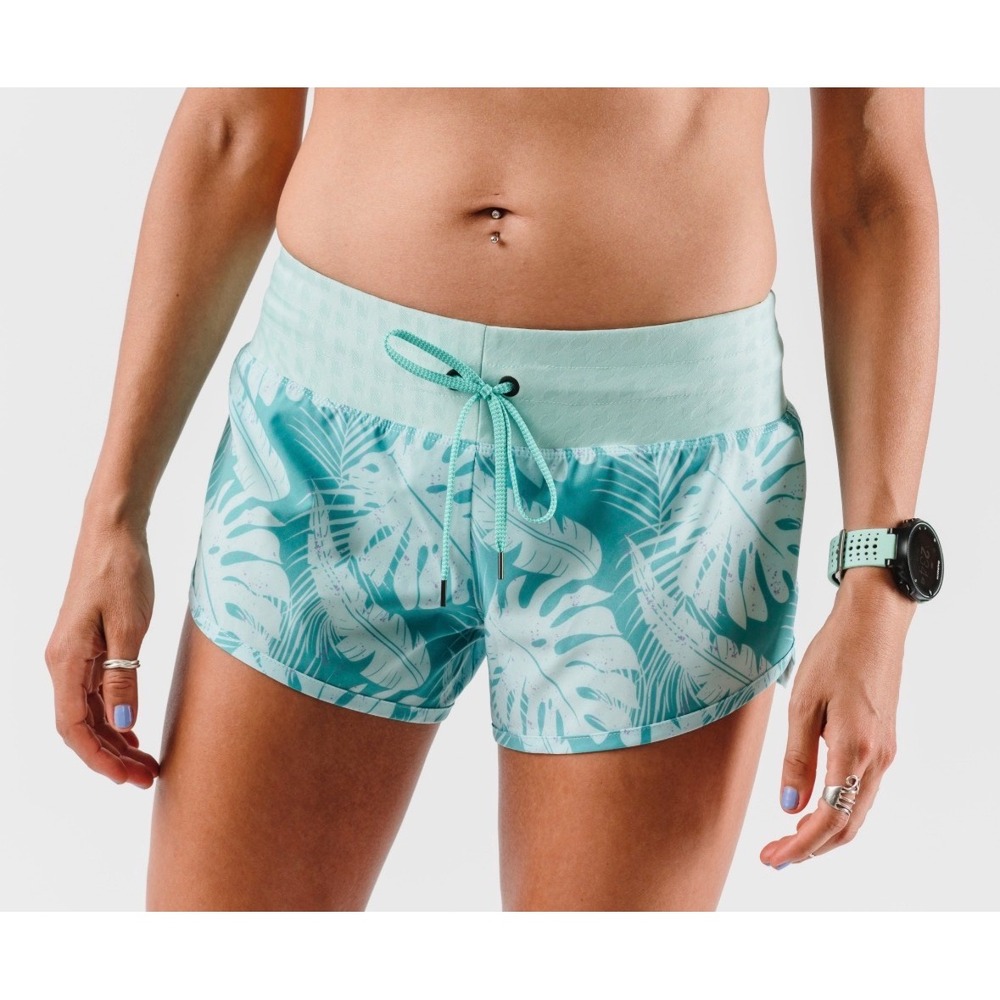 Rabbit Womens Teal Tropical Monstera Leaf Print Running Shorts Size Medium
